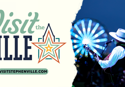 Stephenville Tourism logo with a picture of musician Michael Martin Murphey performing at Moo-La Fest