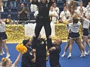 Ofc. Wright does a cheer during the First Responder Pep Rally at Stephenville High School 2022