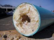 A cut-open pipe reveals that it is heavily clogged with "flushable" wipes