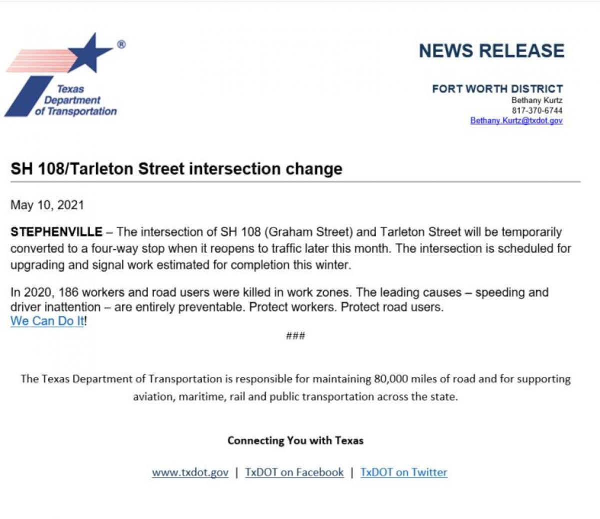 SH 108/Tarleton Street Intersection change